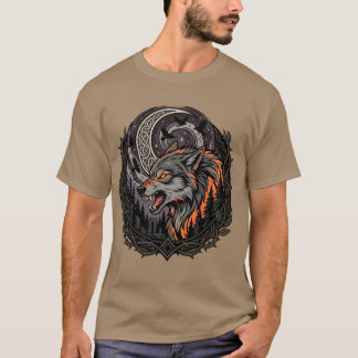 凶暴な北欧の狼の月ワタリガラスバイキングアート Tシャツ