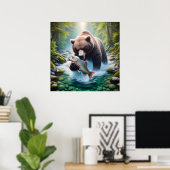 出会威厳のあるい:クマと魚の流れ ポスター (ホームオフィス)