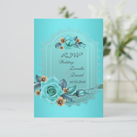 出席 ウェディング ティール ブルー ベージュ ローズ フラワーズ 2 招待状 (スタンド正面)