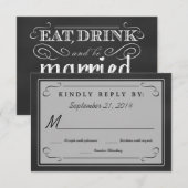 出欠お知らせ　食事 飲み物 結婚式 黒板風返信カード 出欠カード (正面/裏面)