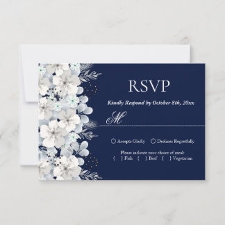 出欠ハガキ 白い花 桜 ネイビー 出欠カード