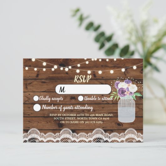 出欠確認のウッドレース ウェディング ラスティック ライト フラワージャー 招待状 (スタンド正面)