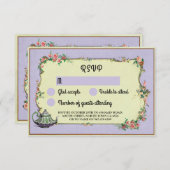 出欠確認 ウェディング ワンダーランド ティーポット 紫の花 招待状 (正面/裏面)