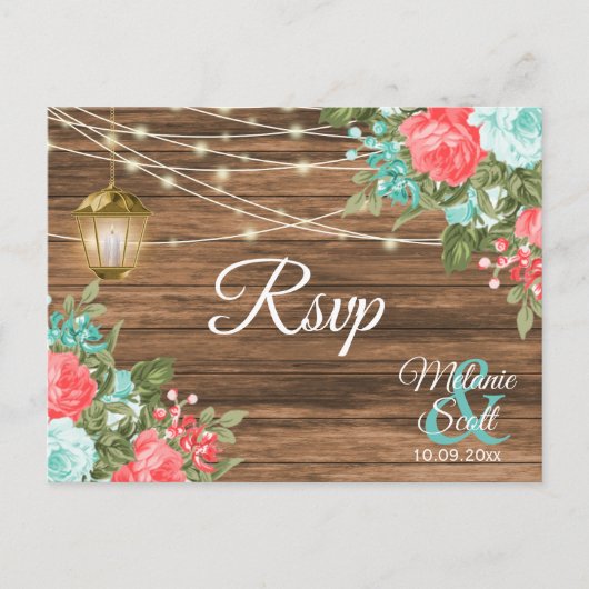 出欠確認 - ウッドランタンとターコイズ、コーラル フラワーのウェディング ポストカード (正面)