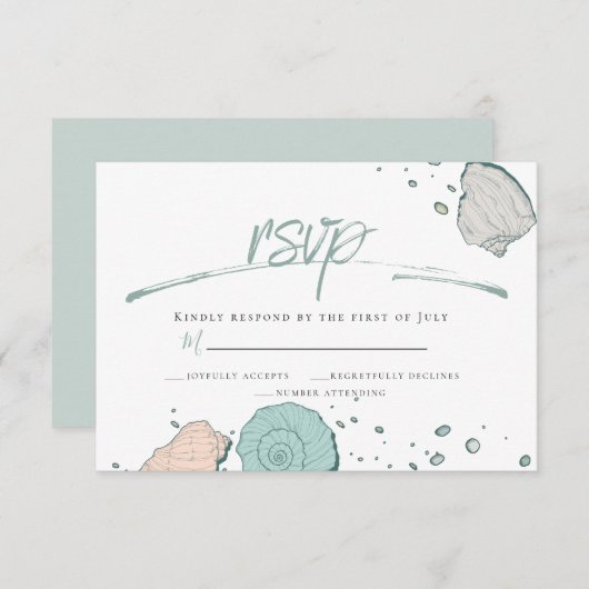 出欠確認 | カジュアルビーチ シェル コーラルとティール 招待状 (正面/裏面)