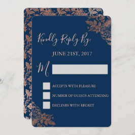 出欠確認 - ローズゴールドピンクとネイビーブルーの花柄 招待状