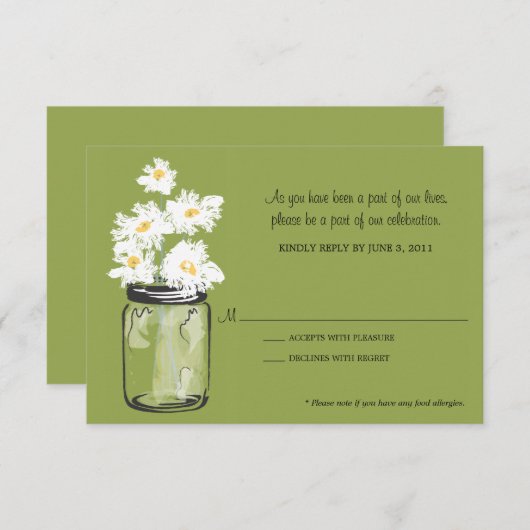 出欠確認 - 白いデイジーが入ったメイソンジャー 出欠カード (正面/裏面)