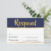 出欠返信カード 現代的なネイビーブルーとゴールドのデザイン 出欠カード (スタンド正面)