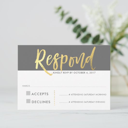 出欠返信 仮金具タイプ グレー 招待状 (スタンド正面)