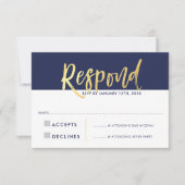 出欠返信 返信カード 偽物の金箔タイプ ネイビーブルー 招待状 (正面)