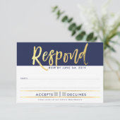 出欠返信 返信カード 偽物の金色タイプ ネイビーブルー 招待状 (スタンド正面)