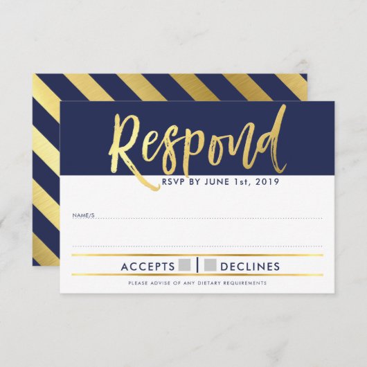 出欠返信 返信カード 偽物の金色タイプ ネイビーブルー 招待状 (正面/裏面)