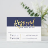 出欠返信 返信 レスポンス 偽物の金色タイプ ネイビーブルー 招待状 (スタンド正面)