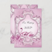 出欠 おしゃれな結婚式 ピンクのスワン ハート (正面/裏面)