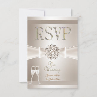 出欠 RSVP エレガントな結婚式 ダマスク クリーム ホワイト シャンパン