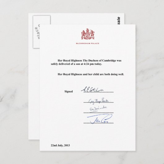 出王室の産のお知らせ ポストカード (正面/裏面)