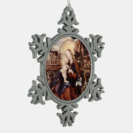 出生と白いユリ – クリスマスの魔法 スノーフレークピューターオーナメント (左)