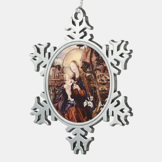 出生と白いユリ – クリスマスの魔法 スノーフレークピューターオーナメント (右)