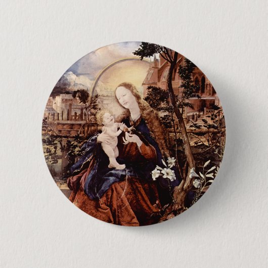 出生と白いユリ – クリスマスの魔法 缶バッジ (正面)