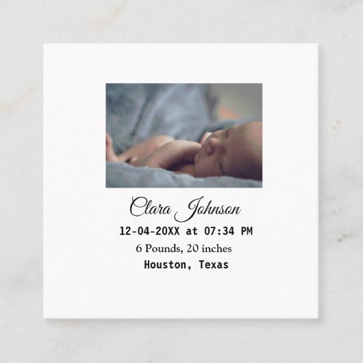出生のお知らせに写真 日時 場所 詳細を追加 スクエア名刺 (正面)
