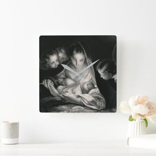 出生のベビーのイエス・キリスト聖母マリアの天使の白黒 スクエア壁時計 (ホーム)