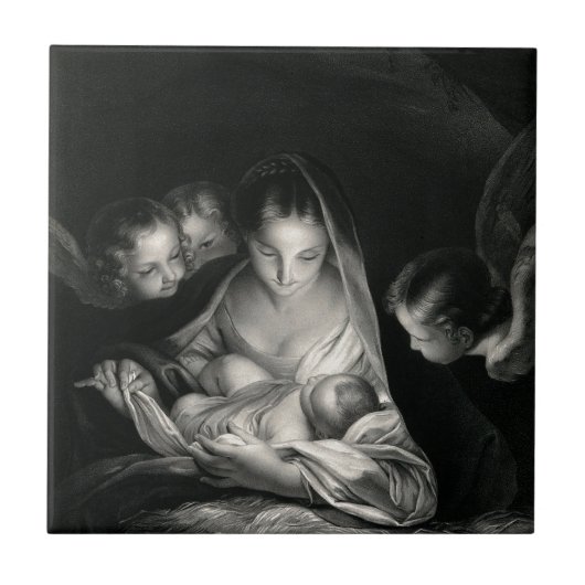 出生のベビーのイエス・キリスト聖母マリアの天使の白黒 タイル (正面)