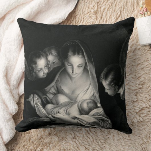 出生イエスヴァージンメアリーエンジェル白黒 クッション (ブランケット)