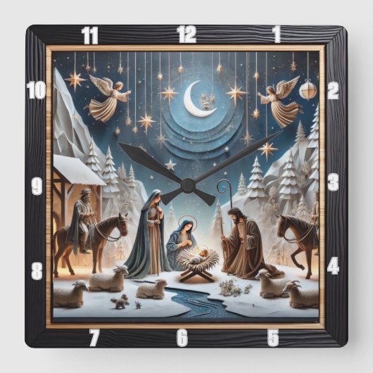 出生ウィンターシーンエンジェルズスターズ スクエア壁時計 (正面)
