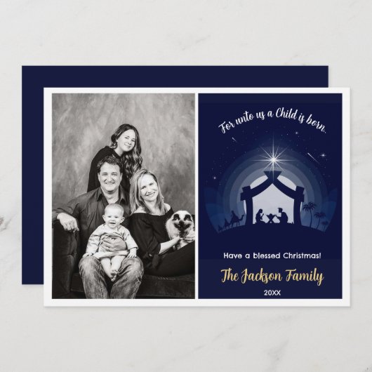 出生クリスマスフォトカード(ネイビーブルー) シーズンカード (正面/裏面)