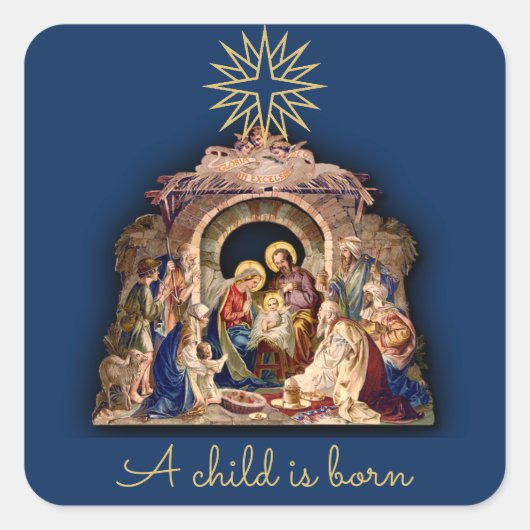 出生クリスマス後を追宗教的ザスターブルー スクエアシール (正面)