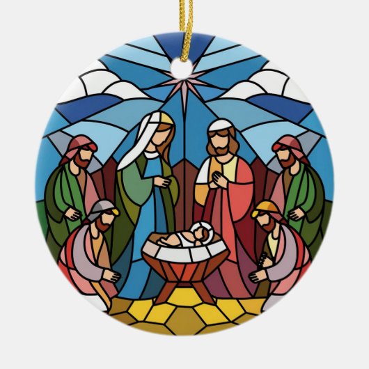 出生ステンドグラスアート、救い主イエス誕生 セラミックオーナメント (正面)