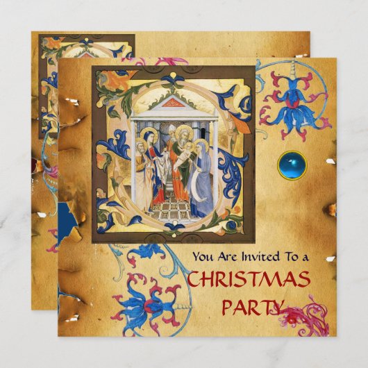 出生フローラブルージェム付クリスマスパーチメント 招待状 (正面/裏面)