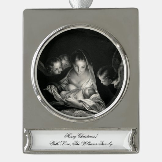 出生ベビーイエスヴァージンメアリーエンジェルスクリスマスS シルバープレートバナーオーナメント (正面)