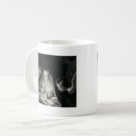 出生ベビーイエスヴァージンメアリーエンジェルス白黒 コーヒーマグカップ (正面左)