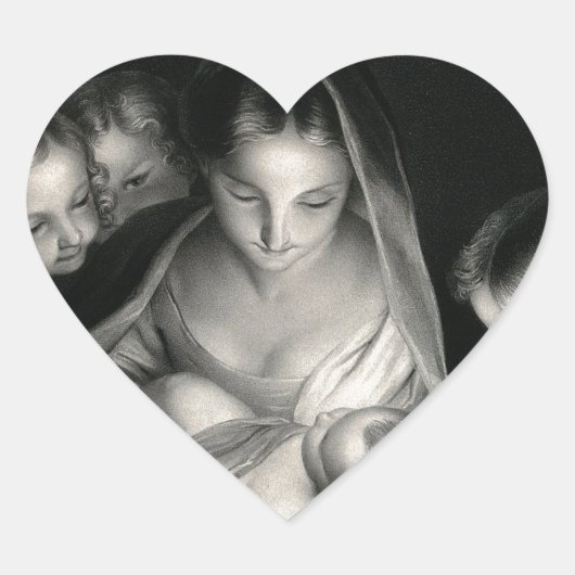 出生ベビーイエズスヴァージンメアリーエンジェル白黒 ハートシール (正面)