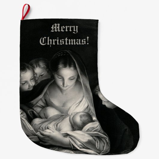 出生ベビーイエズスヴァージンメアリーエンジェル白黒 ラージクリスマスストッキング (正面)