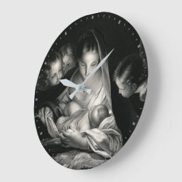 出生ベビーイエズスヴァージンメアリーエンジェル白黒 ラージ壁時計