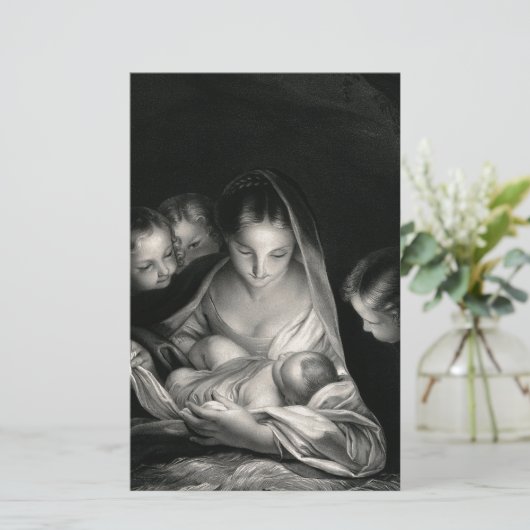 出生ベビーイエズスヴァージンメアリーエンジェル白黒 便箋 (スタンド正面)