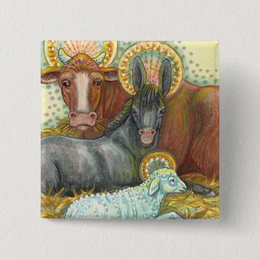 出生動物の厩舎、牛、ロバ、羊 缶バッジ (正面)