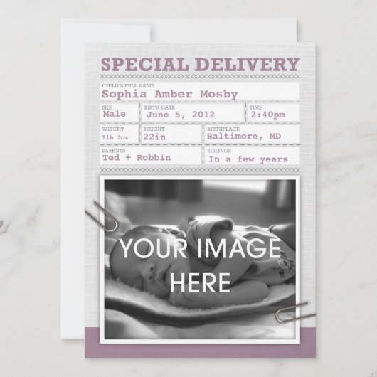 出生証明書のベビーの発表 案内状 (正面)