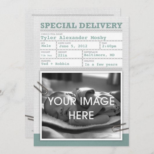 出生証明書のベビーの発表 案内状 (正面/裏面)