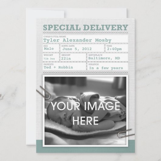 出生証明書のベビーの発表 案内状 (正面)