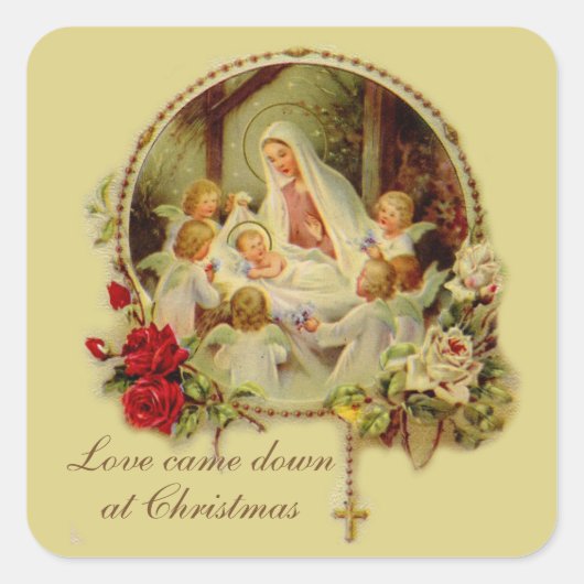 出生賛美マザーベビーイエズロザリオバラ スクエアシール (正面)