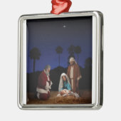 出生-正方形のオーナメントでひざまずいているサンタ メタルオーナメント (左)