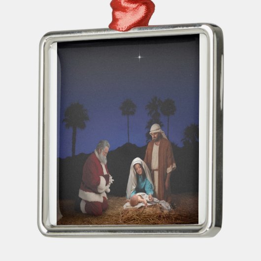 出生-正方形のオーナメントでひざまずいているサンタ メタルオーナメント (左)