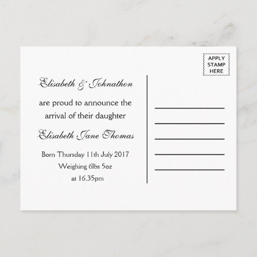 出産おめでとう！女の子が生まれました, 出産報告カード 案内ポストカード (裏面)