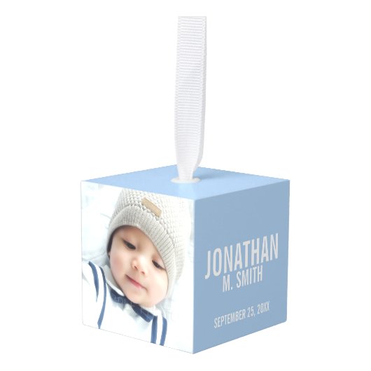 出産のお知らせカスタムとベビー生まれたばかりの写真 キューブオーナメント (正面アングル)