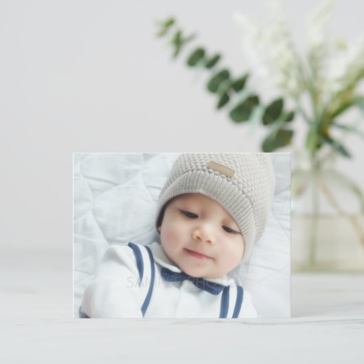 出産のお知らせカスタムとベビー生まれたばかりの写真 案内ポストカード (スタンド正面)