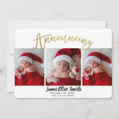 出産のお知らせ クリスマスホリデー 3枚の写真 招待状 (正面)