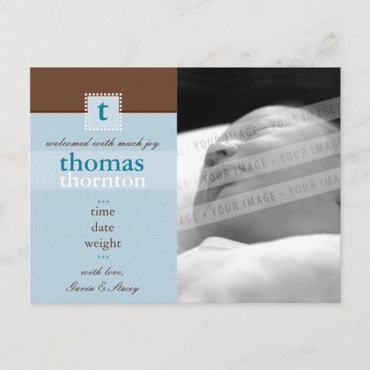 出産のお知らせ:: monogram1 – 男の子 案内ポストカード (正面)